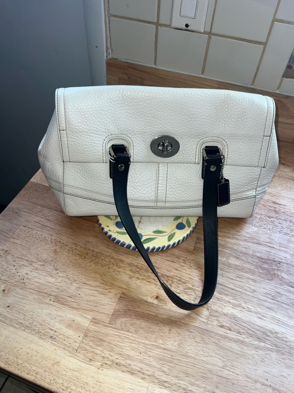 Coach White Pebbled Leather Shoulder Bag with Black Straps